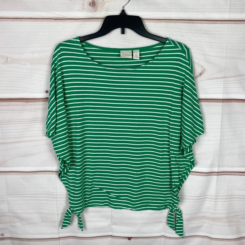 Chicos Top Womens 1 M Green Stripe Blouse Jersey Knit Kimono Sleeve Tie Waist